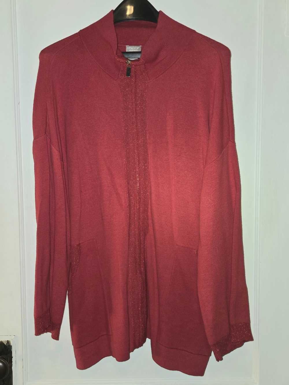 Chico's Red Full Zip Sparkle Cardigan